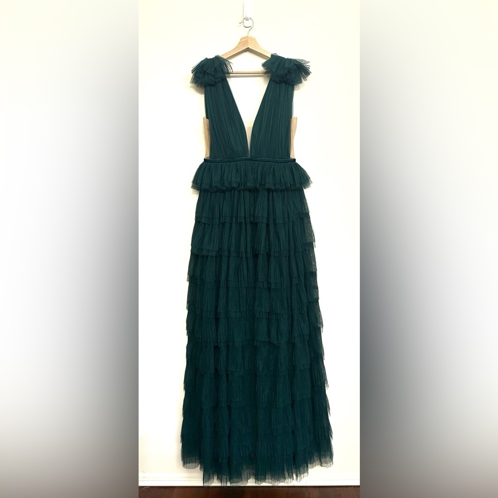 NWT SAU LEE Sabrina Tulle Ruffle Gown in Emerald Green Size 10 - Picture 7 of 16